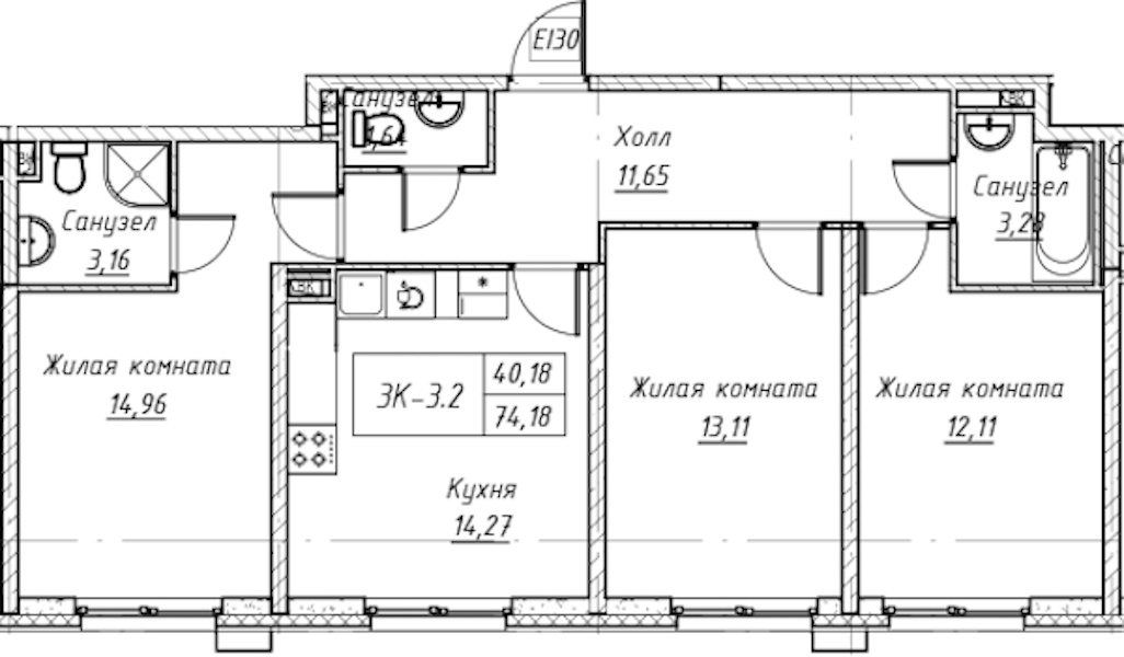 3-комнатная квартира 74.54 м², 5/14 эт., Комплекс апартаментов «Zoom на Неве»
